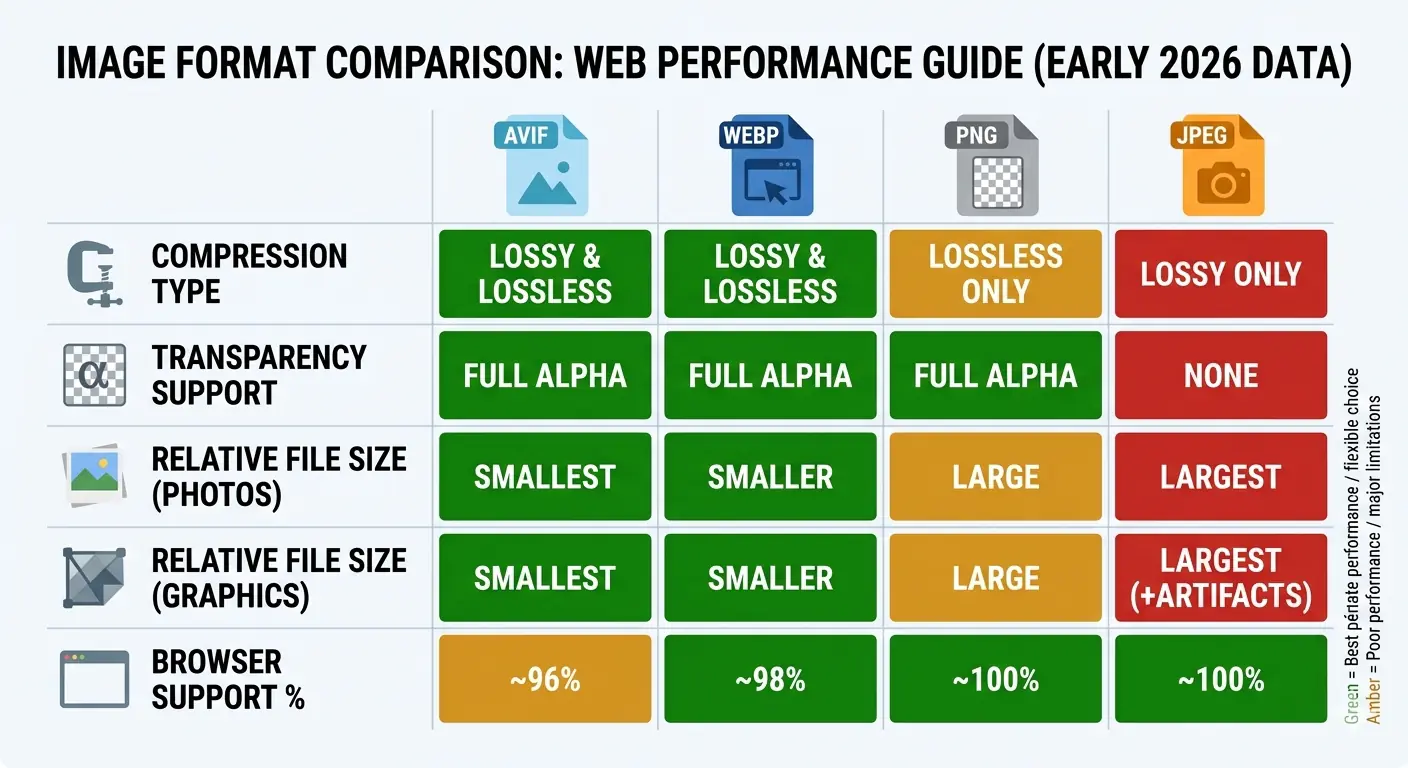 Comparison of AVIF, WebP, PNG, and JPEG image formats showing file size, browser support, and web performance characteristics for choosing the best image format in 2026