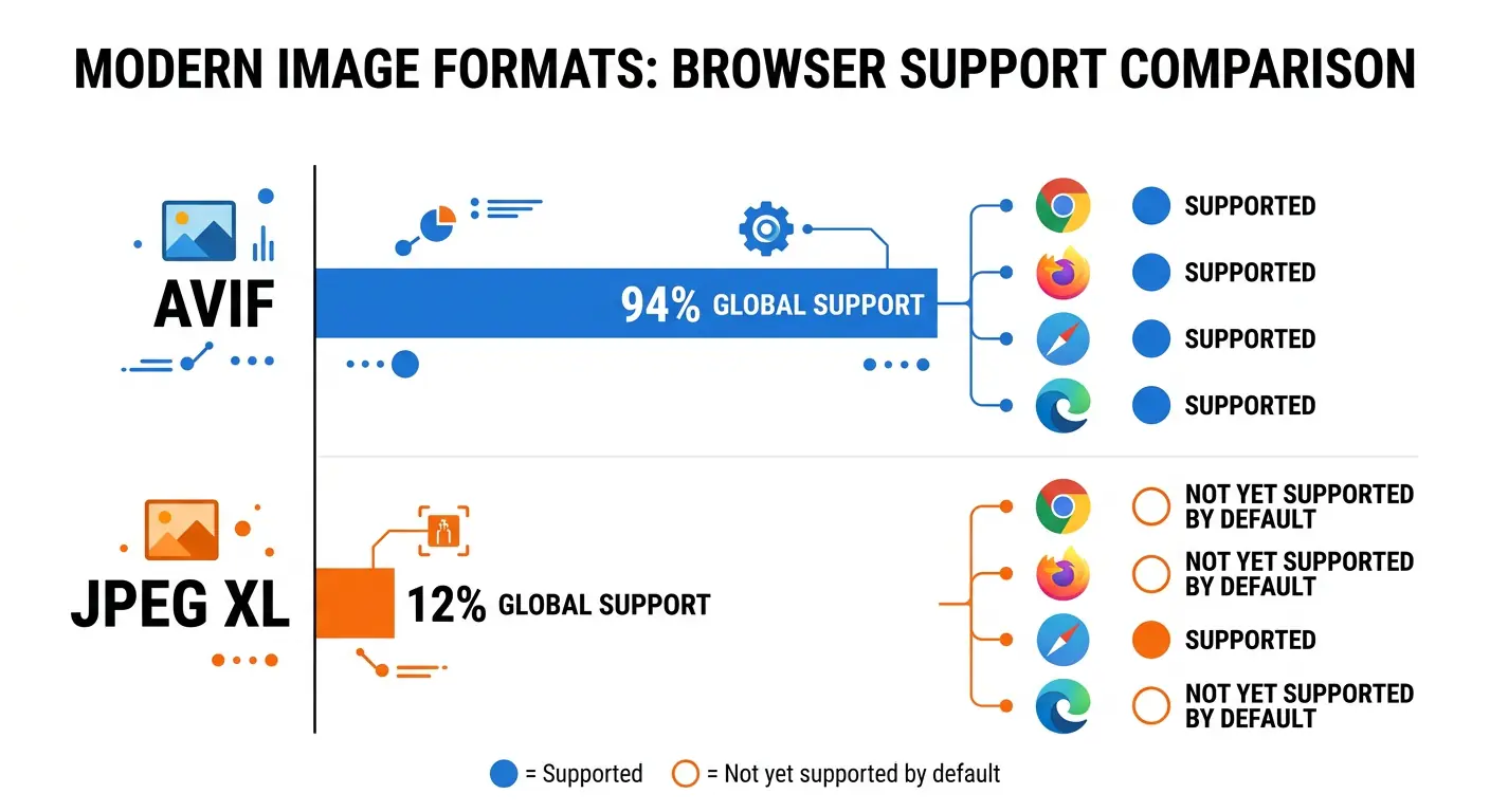 Browser support comparison chart showing AVIF at 93-94% global coverage versus JPEG XL at 12% as of 2026