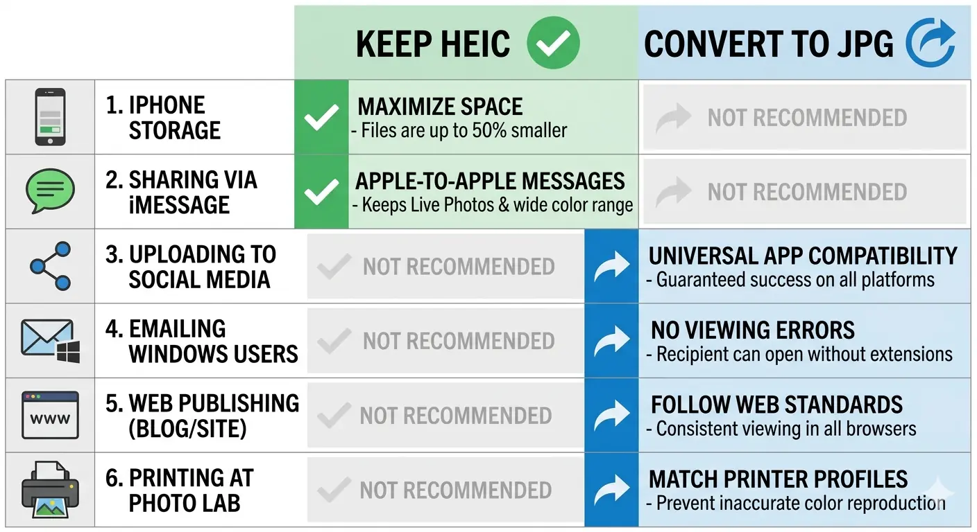 Decision table showing when to keep HEIC format versus when to convert iPhone photos to JPG
