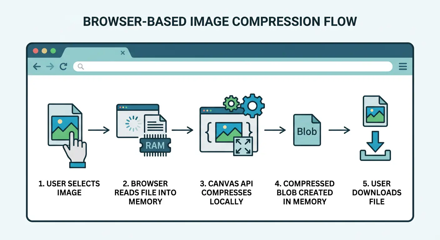 Step-by-step diagram showing how browser-based image compression works without uploading files to any server