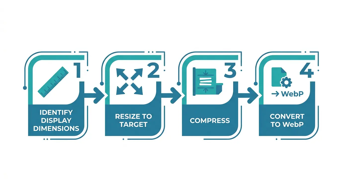 Four-step pre-upload image optimization workflow diagram for Webflow showing dimension identification, resizing, compression, and WebP conversion.