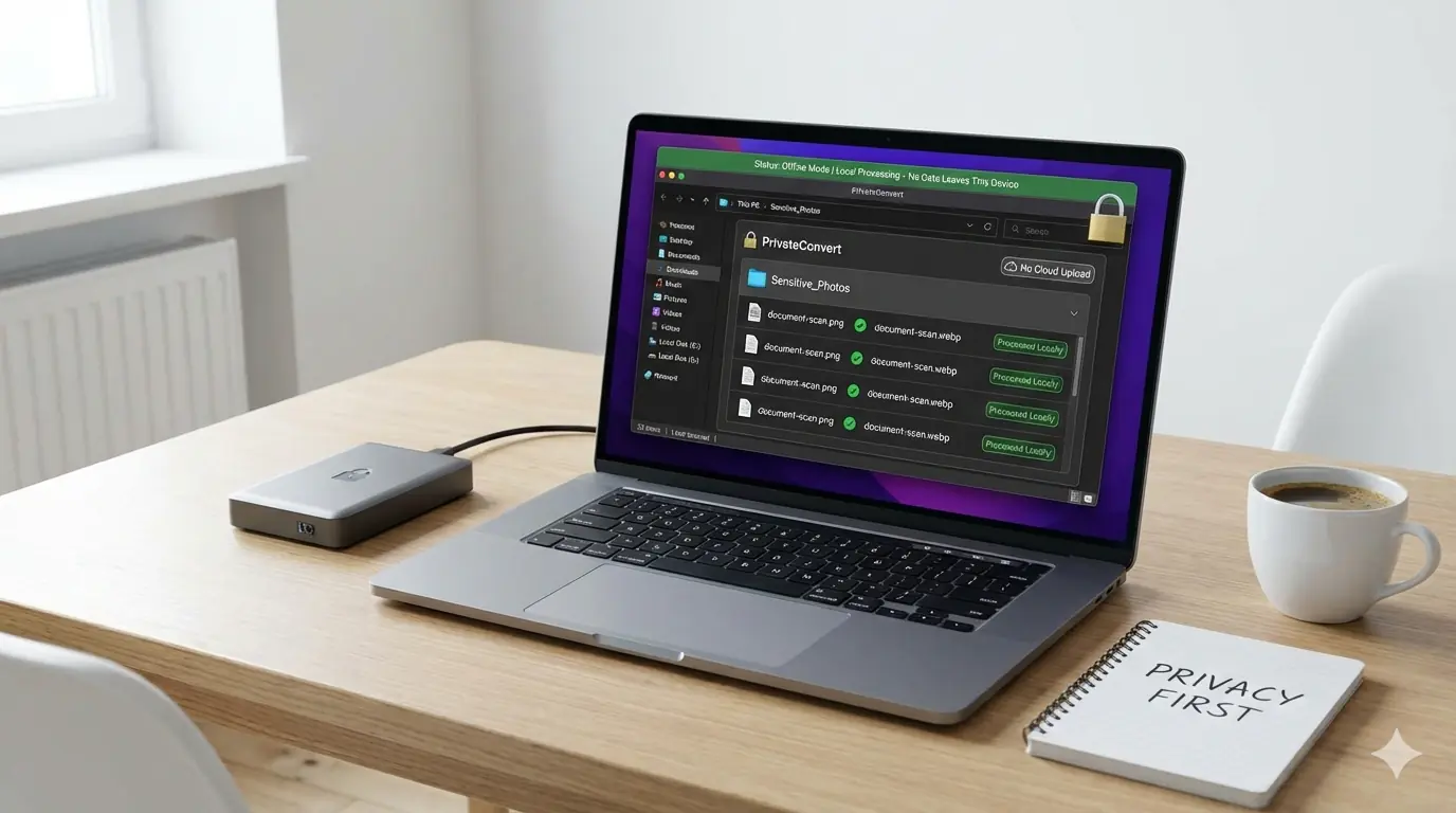 Free offline image converter tools processing images locally without uploading files, highlighting privacy-first image conversion workflows.