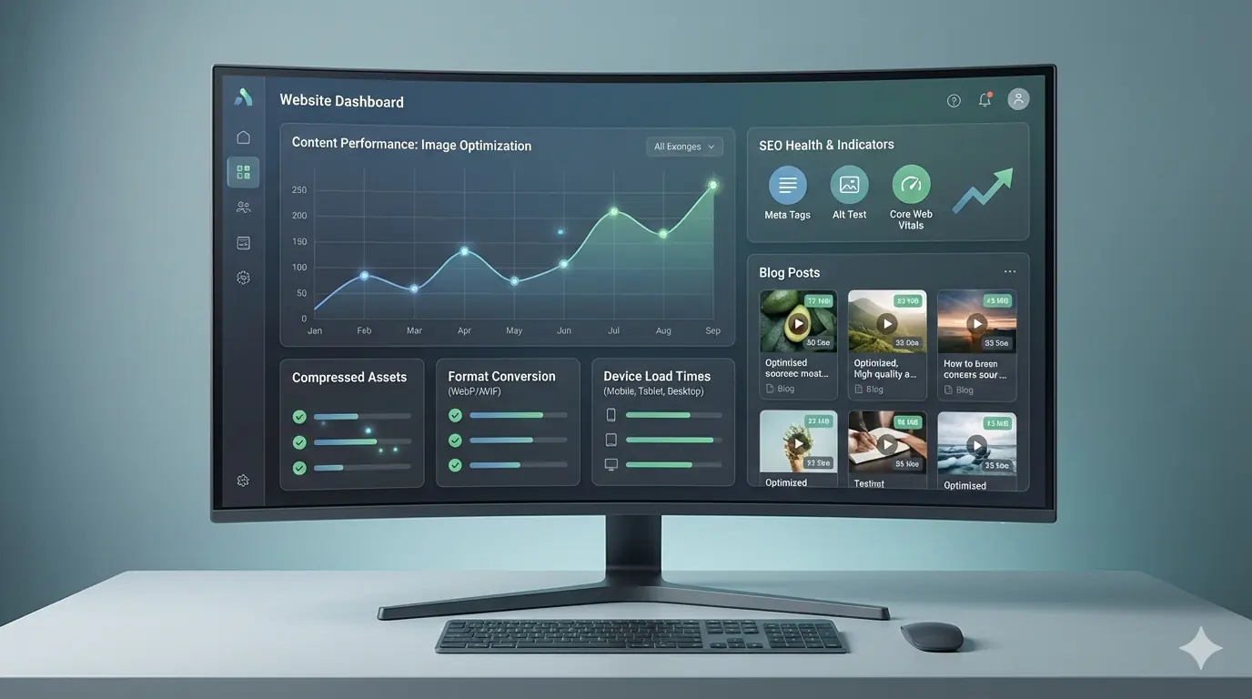Illustration showing optimized images improving blog performance, SEO, and content clarity