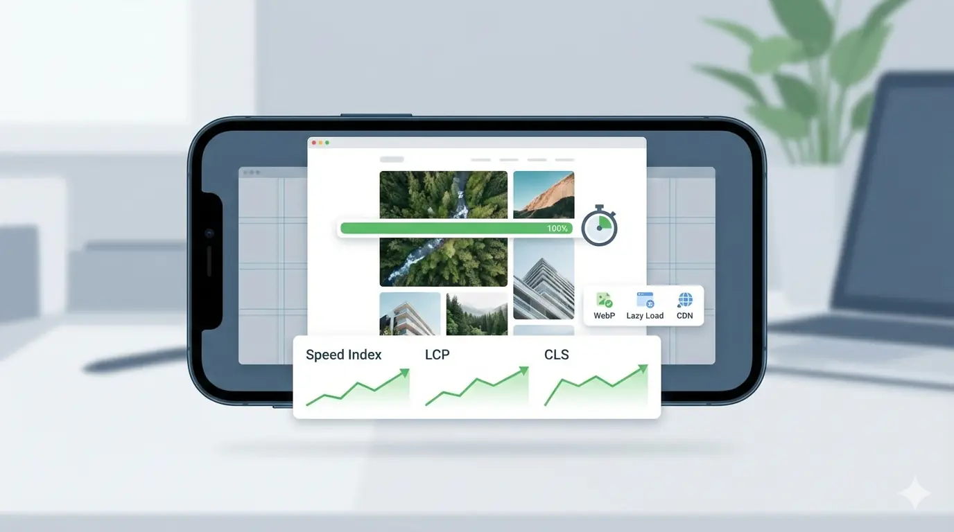 Illustration of mobile website performance dashboard showing optimized images and improved loading speed