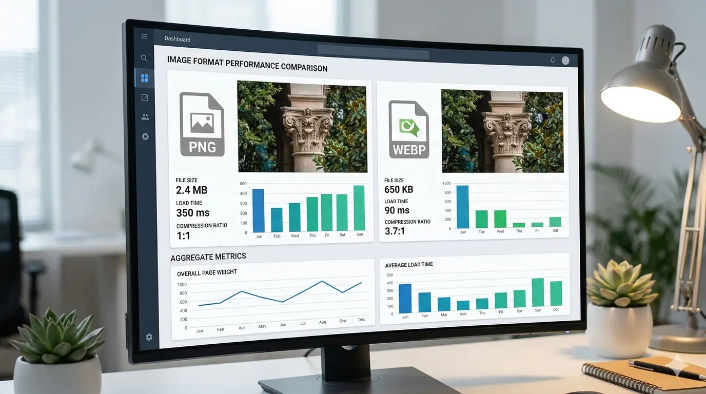Comparison between PNG and WebP file sizes displayed on a developer dashboard showing optimized web images