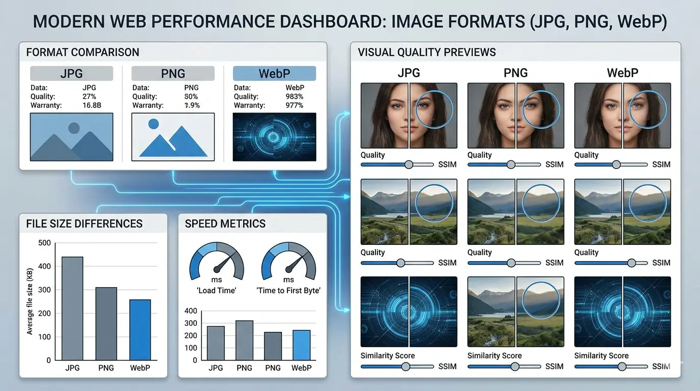 Comparison chart showing JPG vs PNG vs WebP image formats with file size and quality differences for websites