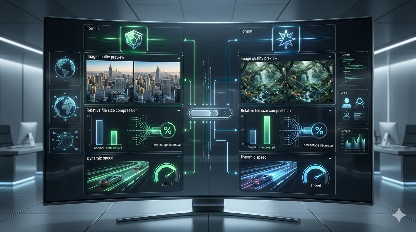 Visual comparison of AVIF vs WebP image formats showing file size, compression efficiency, and web performance metrics