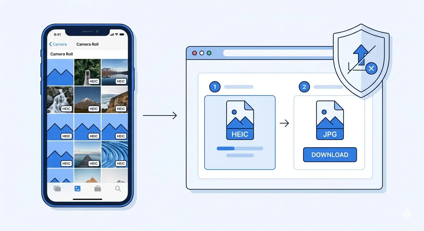 iPhone photo in HEIC format being converted to JPG online for free using MeloTools browser-based HEIC to JPG converter — no upload, no software required