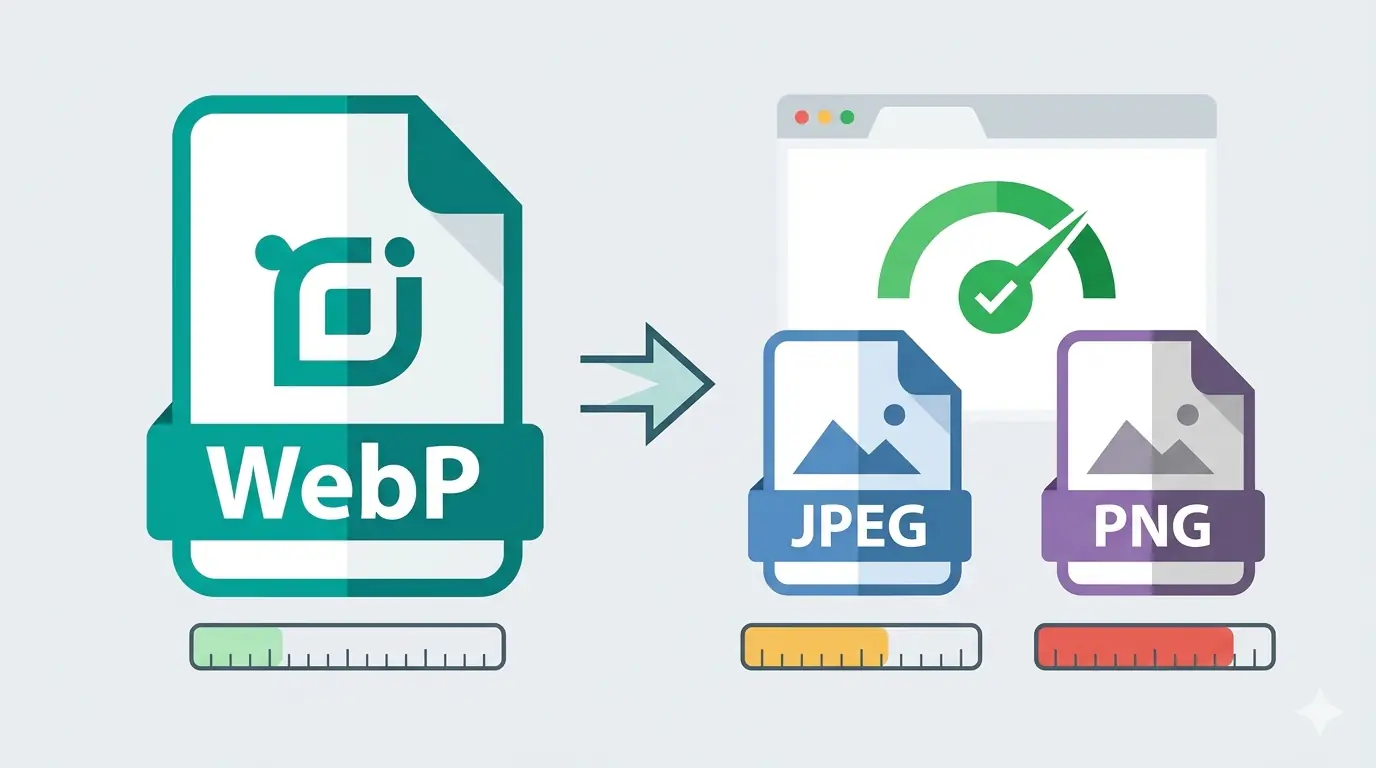 WebP file format icon alongside a speed indicator showing faster page load — illustrating what WebP is and how the modern image format improves website performance in 2026