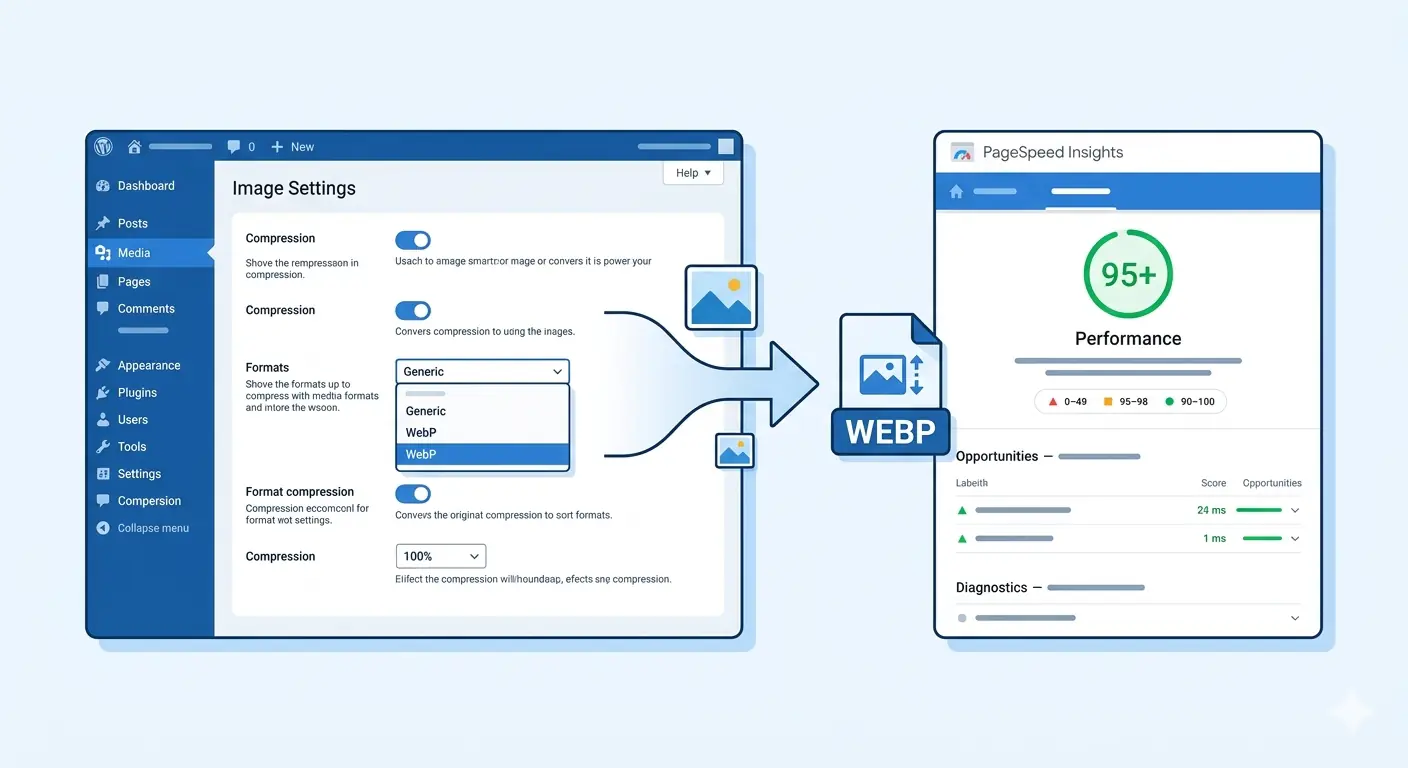 WordPress image settings dashboard showing performance improvement after image optimization with a high PageSpeed score