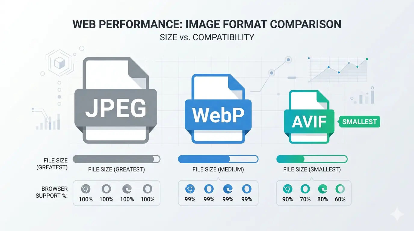 AVIF file format badge alongside a compression comparison showing AVIF producing the smallest file size compared to WebP and JPEG — what is AVIF format and how it improves website performance in 2026