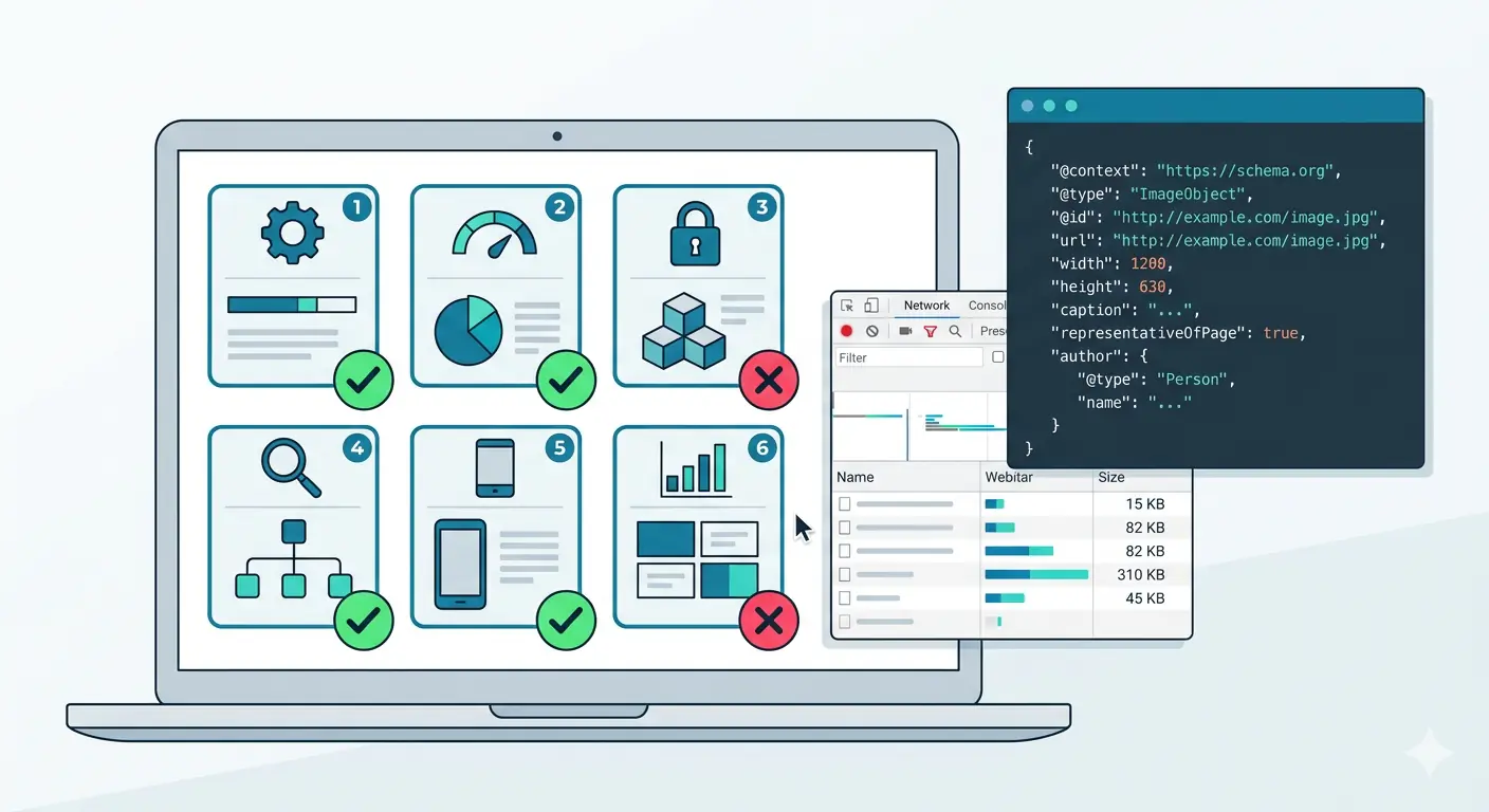 Developer reviewing a technical image SEO checklist on a laptop showing schema markup, image sitemap XML, and alt text rules — complete image SEO checklist for developers in 2026