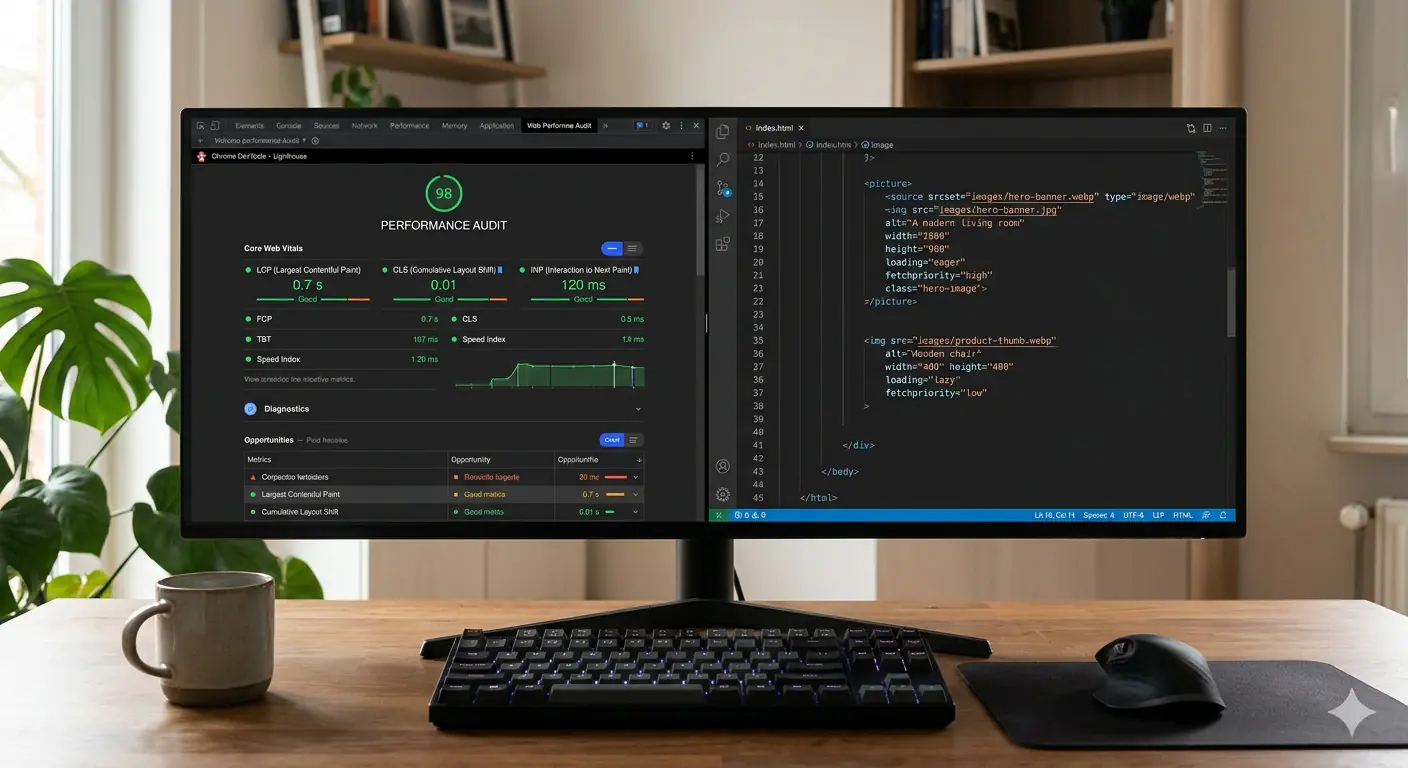 Developer dashboard showing Core Web Vitals scores improving after image optimization, with LCP, CLS, and INP metrics displayed on a performance audit panel