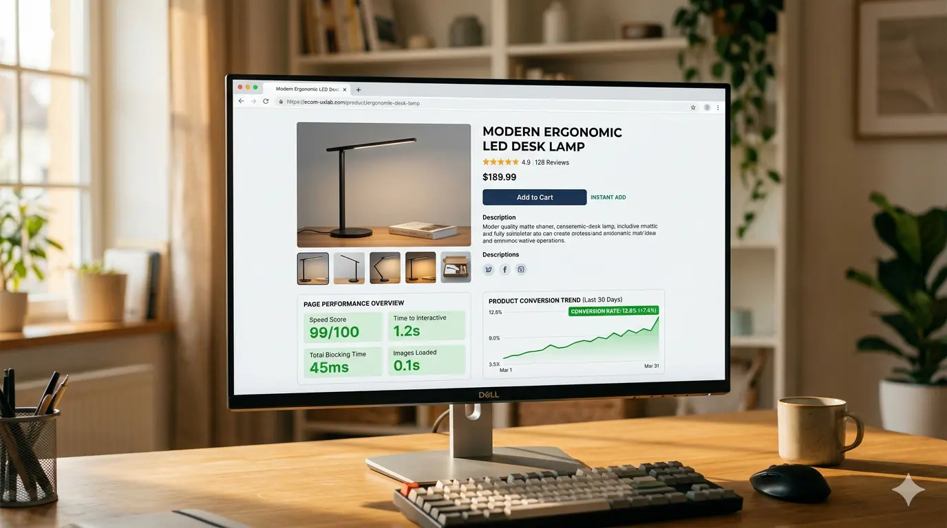 E-commerce product page showing fast-loading optimized product images with green Core Web Vitals scores and an upward conversion rate trend