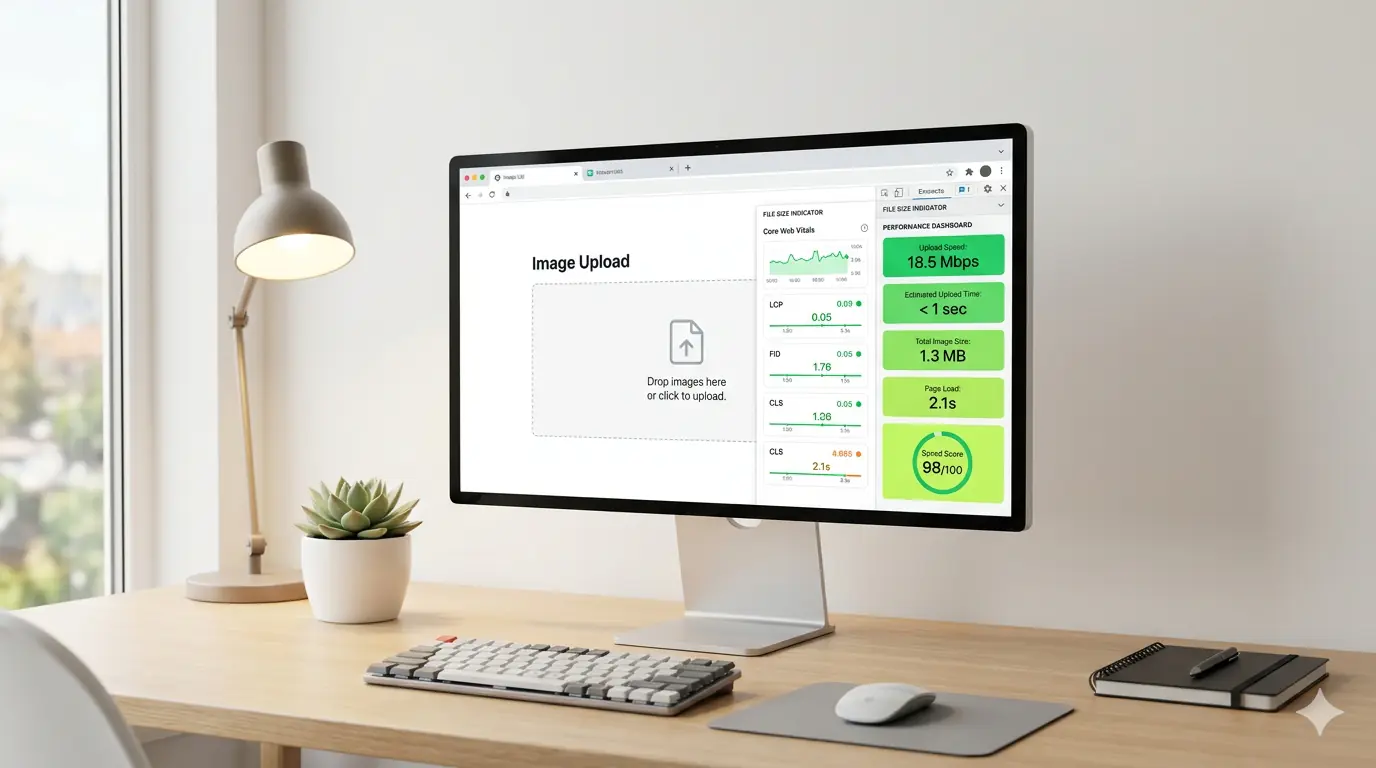 A clean, minimal web developer workspace showing a browser with a file size indicator panel open alongside an image upload interface, green performance metrics visible, no brand names, modern flat design, warm neutral lighting, landscape orientation, editorial style.