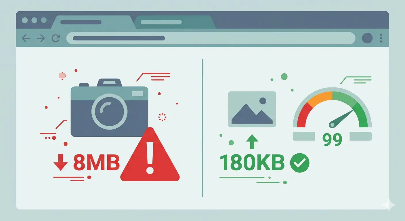 A Wix editor interface showing an image upload panel alongside a performance dashboard with page speed metrics, representing the gap between automatic Wix optimization and manual best practice