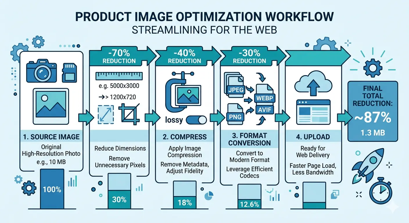 Product image optimization workflow diagram showing file size reduction at each step from source to upload